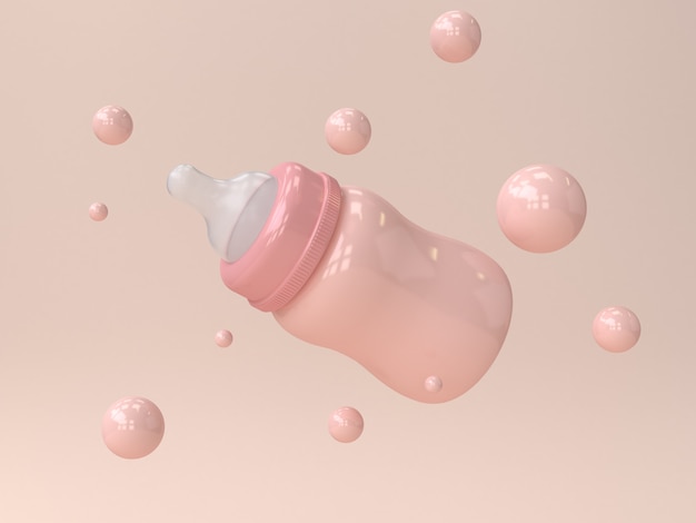 Abstrakter rosa glanzbaby-flaschenmilch und viele schwimmende wiedergabe 3d der kugel