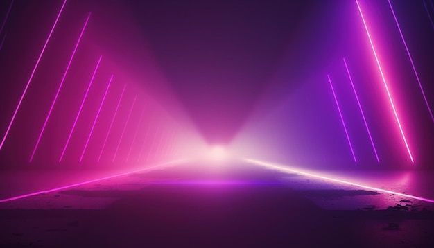 Abstrakter rosavioletter Hintergrund mit Neonlinien und Nebel-Synthwave