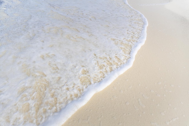 Abstrakter Sand des Strandes und weicher Wellenhintergrund, weiche Welle des blauen Ozeans auf sandigem Strand. Hintergrund