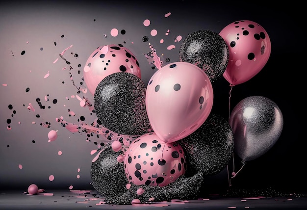 Abstrakter schöner festlicher Hintergrund mit realistischen Luftballons in Rosa, Blau und Silber, Bündel Konfetti, glitzert und funkelt. Erstellt mit generativer KI