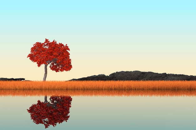 Abstrakter Singl-Herbst-Baum, der im langen Gras auf einer extremen Nahaufnahme des Flussufers steht. 3D-Rendering