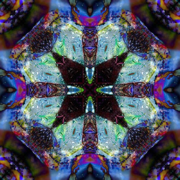 Abstrakter symmetrischer Musterhintergrund. Das Bild mit Spiegeleffekt. Kaleidoskopisches abstraktes psychedelisches Design.