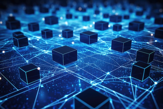 Abstrakter Technologiehintergrund mit leuchtenden Linien und Würfeln 3D-Rendering Großdatenfluss in Cyber-Blockchain-Feldern mit einem blauen Netzwerksystem KI generiert