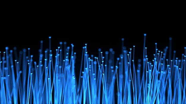 Abstrakter Technologiehintergrund. Optische Fasern zur Verteilung des Lichtsignals von einer Diode zu einem Bündel. Wird für eine Hochgeschwindigkeits-Internetverbindung verwendet. 3D-Illustration