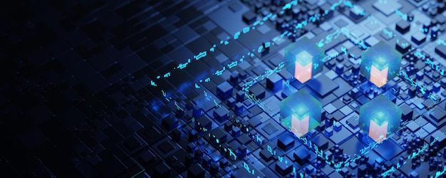 abstrakter technologischer Hintergrund Breiter abstrakter Hintergrund Leuchtende technologische Würfel 3D-Rendering