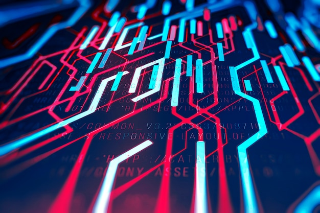 Abstrakter technologischer Hintergrund in leuchtenden Farben mit einem digitalen Code.