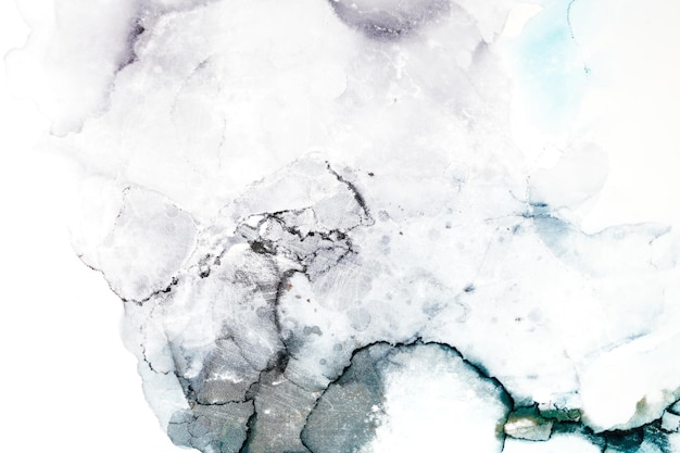 Abstrakter Tintenaquarellhintergrund, weiße Marmorstruktur, Farbflecken und -flecken im Wasser, luxuriöse flüssige flüssige Kunsttapete