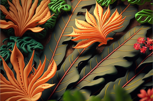 Abstrakter tropischer Blätter- und Blumenhintergrund Realistische Lehmdarstellung