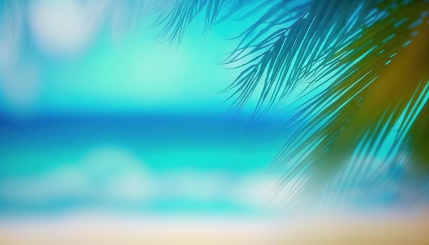 Abstrakter unscharfer Ozeanküstenhintergrund mit tropischen Palmblättern
