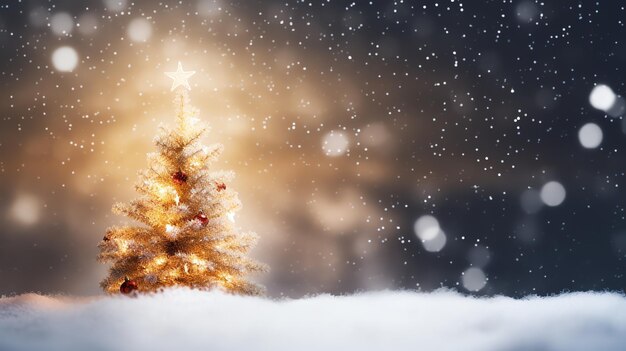 Abstrakter verschwommener Bokeh-Schneehintergrund mit Weihnachtsbaum und Kopierraum-Feiertagskonzept