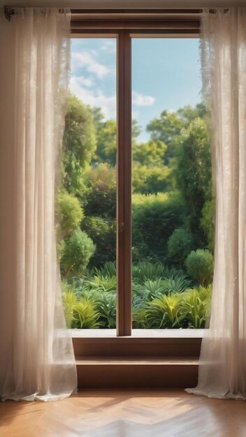 Abstrakter verschwommener Hintergrund des Vorhangs mit schöner Gartenansicht