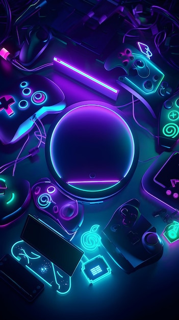 Abstrakter vertikaler Gaming-Hintergrund mit Neonlichtern Generative KI