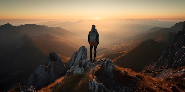 Abstrakter weiblicher Wanderer steht auf dem Gipfel eines schwierigen Bergaufstiegs, um mit einem wunderschönen Blick auf den Sonnenaufgang begrüßt zu werden Generative ai Stil der Werbefotografie