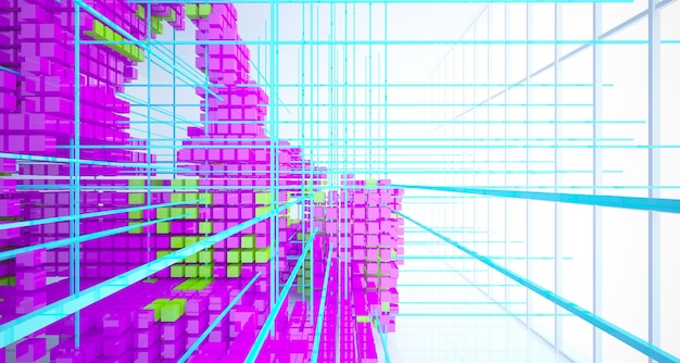 Abstrakter weißer Innenraum aus farbigen Würfeln mit Fenster-3D-Illustration und -Rendering