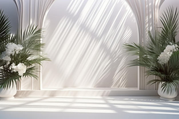 Abstrakter weißer Studiohintergrund für die Produktpräsentation. Leerer Raum mit Schatten von Fenstern und Blumen und Palmblättern. 3D-Raum mit Kopierraum
