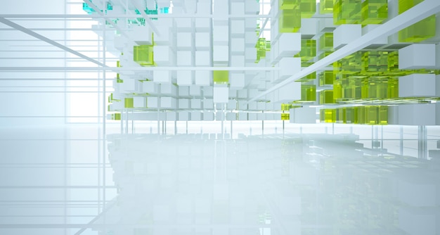 Abstrakter weißer und farbiger Farbverlaufsglas-Innenraum aus einer Reihe von Würfeln mit 3D-Fenster