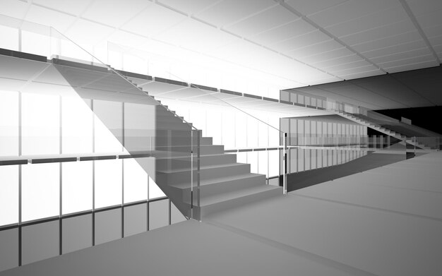 Abstrakter weißer und schwarzer mehrstöckiger öffentlicher Raum mit Fenster. 3D-Darstellung und -Rendering