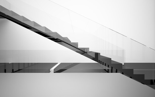 Abstrakter weißer und schwarzer mehrstöckiger öffentlicher Raum mit Fenster. 3D-Darstellung und -Rendering
