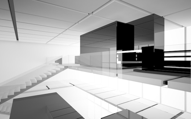 Abstrakter weißer und schwarzer mehrstöckiger öffentlicher Raum mit Fenster. 3D-Darstellung und -Rendering