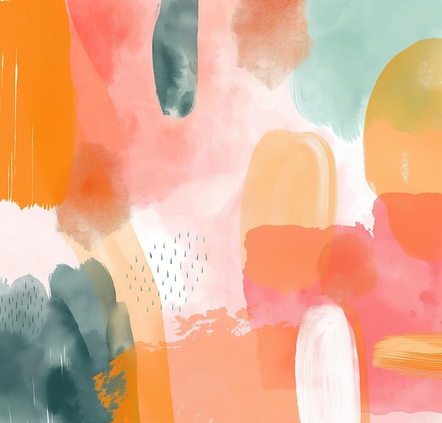 Abstraktes Aquarell-Kunstwerk mit lebhaftem orangefarbenem Teal und Holzkohle-Strichen, Punkte und Linien auf weißem Hintergrund, leerer Raum für Text und Design, digitales Papier