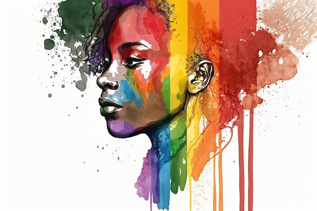 Abstraktes Aquarellporträt einer fröhlichen afrikanischen Lesbe mit Regenbogenfahne, gerendert in einem minimalistischen Stil Generative KI