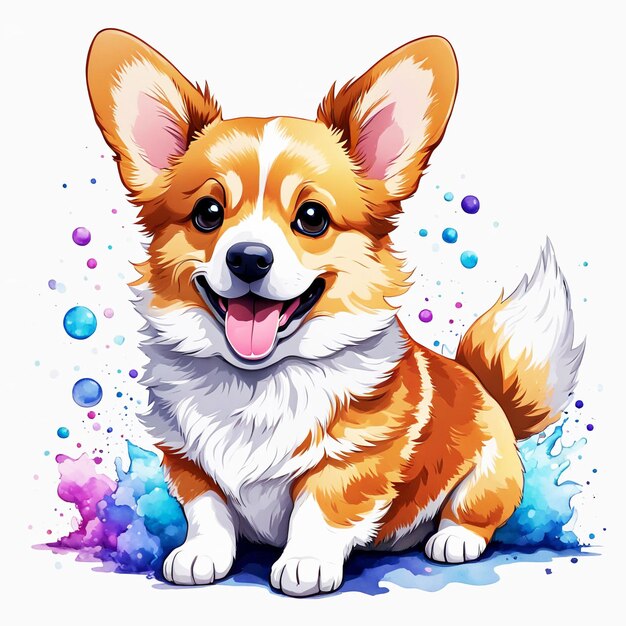 Abstraktes Aquarellporträt von süßem kleinen Corgi auf weißem Hintergrund dieses Foto