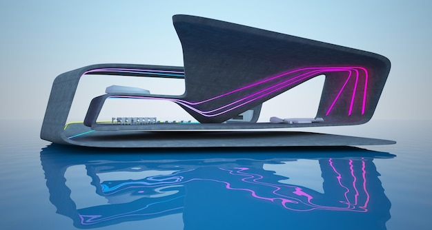 Abstraktes architektonisches Beton- und Holzinterieur einer modernen Villa am Meer mit farbigem Neon