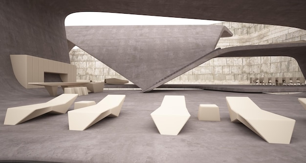 Abstraktes architektonisches Betoninterieur einer modernen Villa 3D-Illustration und -Rendering