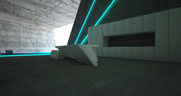 Abstraktes architektonisches Betoninterieur einer modernen Villa am Meer mit farbiger Neonbeleuchtung 3D