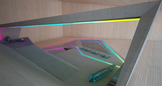 Abstraktes architektonisches Interieur aus Beton, Holz und Glas einer modernen Villa mit farbigem Neon