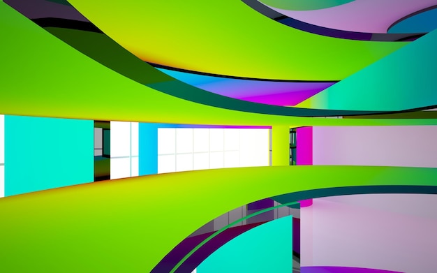 abstraktes architektonisches Interieur mit geometrischer Glasskulptur mit Farbverlauf und schwarzen Linien 3D