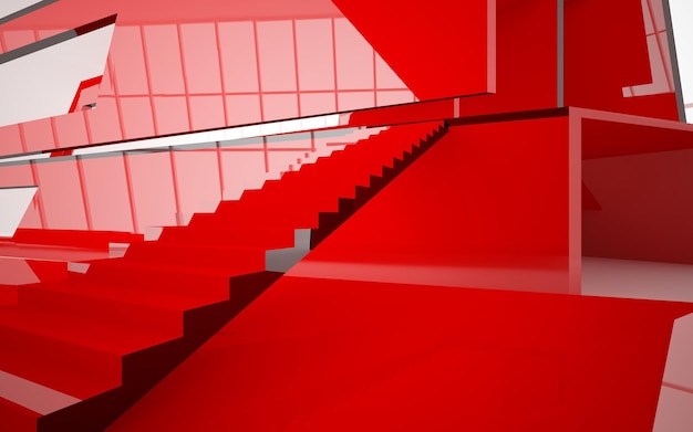 abstraktes architektonisches Interieur mit weißer, roter und blauer Skulptur 3D-Illustration und Rendering