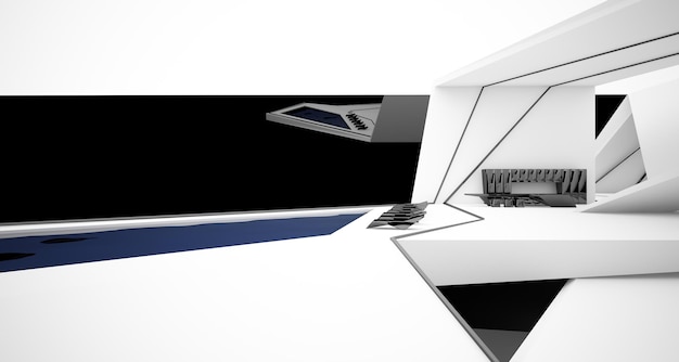 Abstraktes architektonisches Schwarz-Weiß-Interieur einer modernen Villa mit Neonbeleuchtung 3D