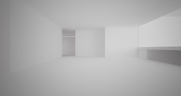 Abstraktes architektonisches Weiß- und Schwarzglanz-Interieur eines minimalistischen Hauses mit großen Fenstern 3D