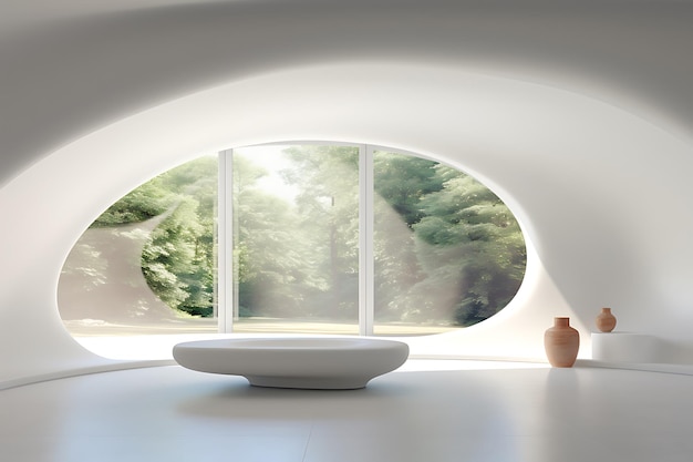Abstraktes architektonisches weißes glattes Interieur eines minimalistischen Hauses mit großen Fenstern 3d