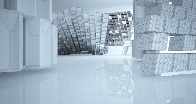 Abstraktes architektonisches weißes Interieur aus einer Reihe von Würfeln mit großen Fenstern 3D zeichnen