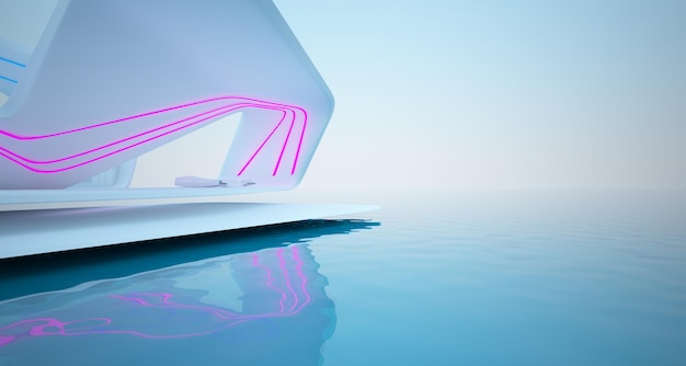 Abstraktes architektonisches weißes Interieur einer modernen Villa am Meer mit farbiger Neonbeleuchtung 3D