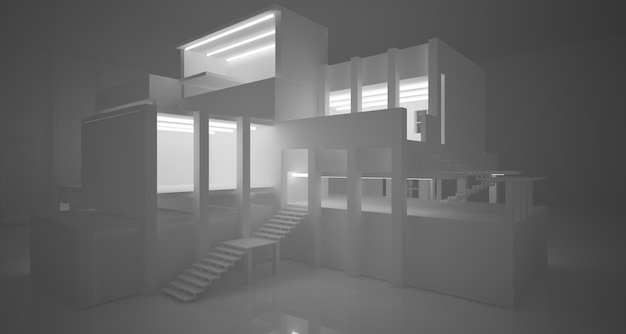 Abstraktes architektonisches weißes Interieur eines minimalistischen Hauses mit großen Fenstern 3D-Darstellung