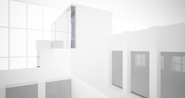 Abstraktes architektonisches weißes Interieur eines minimalistischen Hauses mit großen Fenstern, 3D-Illustration und