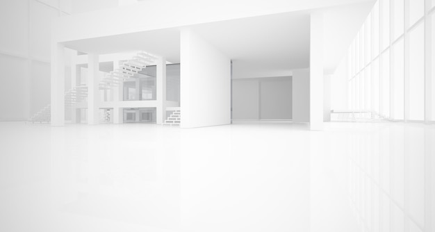 Abstraktes architektonisches weißes Interieur eines minimalistischen Hauses mit großen Fenstern, 3D-Illustration und