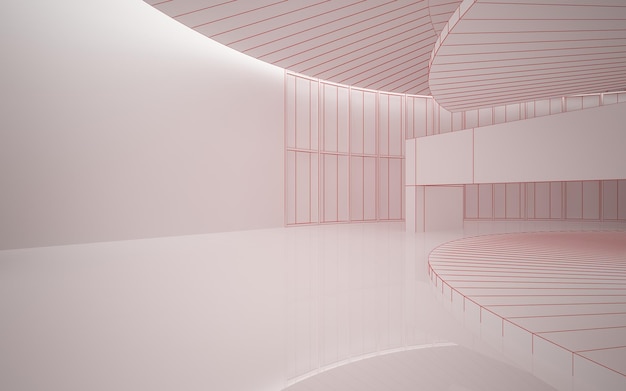 Abstraktes architektonisches weißes Interieur eines minimalistischen Hauses mit großen Fenstern 3D zeichnen