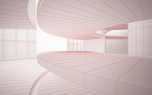 Abstraktes architektonisches weißes Interieur eines minimalistischen Hauses mit großen Fenstern 3D zeichnen