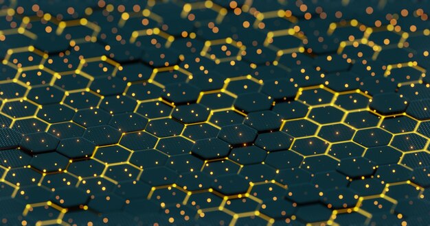 Abstraktes beleuchtetes sechseckiges Muster mit Bokeh-Effekten im dunklen Hintergrund