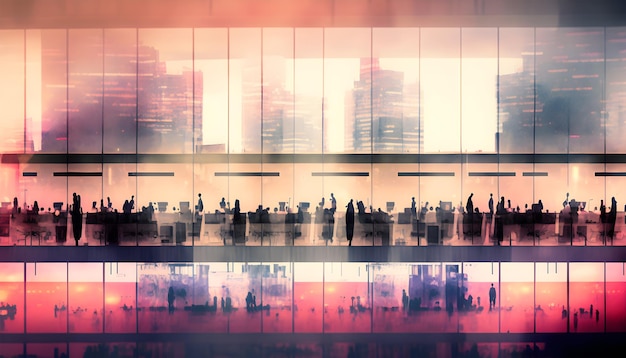 Abstraktes Bild vieler Geschäftsleute zusammen in der Gruppe auf dem Hintergrund der Stadtansicht mit Bürogebäude AI generative