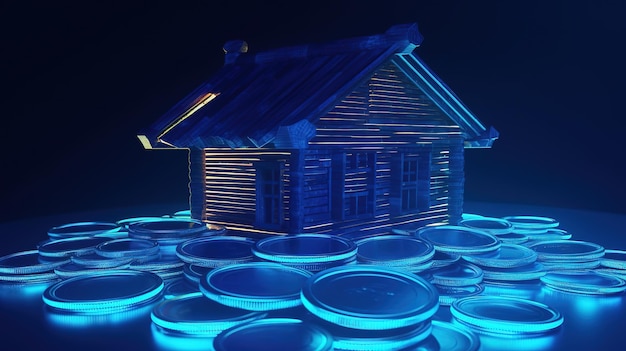 Abstraktes blau leuchtendes Haus auf MünzenLowpoly-Stil Abstrakter Neonrahmen-Stil Generative KI