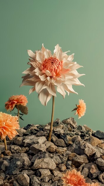 Foto abstraktes blumenkonzept eine märchenhafte weiße blume, die aus dekorativen steinen wächst pastell aprikosenblumen, die schwimmen stärkere farbkontraste licht und dunkelheit interessante texturen und schatten