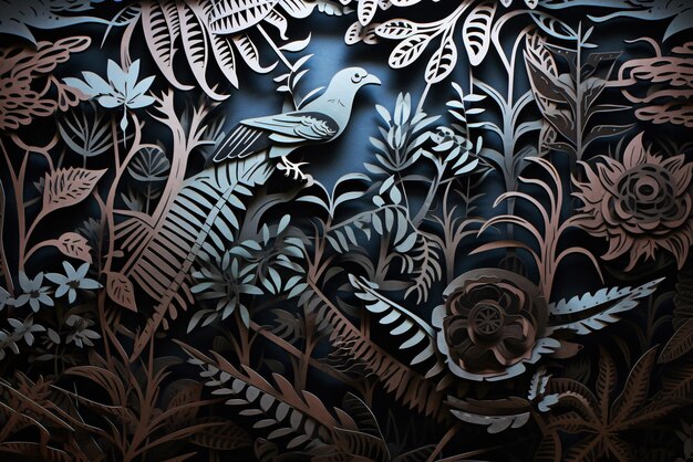 Abstraktes Blumenmuster mit Vogel auf dunklem Hintergrund im Papercut-Stil Generativ ai