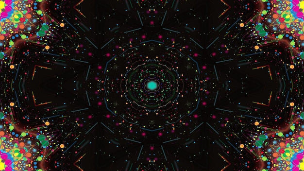 Abstraktes, buntes, glänzendes und hypnotisches Konzept, symmetrisches Muster, dekorative dekorative Kaleidoskopbewegung, geometrische Kreis- und Sternformen