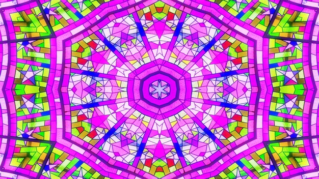 Abstraktes, buntes, glänzendes und hypnotisches Konzept, symmetrisches Muster, dekorative dekorative Kaleidoskopbewegung, geometrische Kreis- und Sternformen