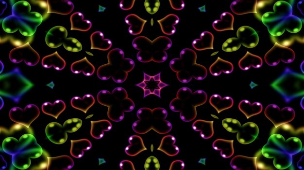 Abstraktes, buntes, glänzendes und hypnotisches Konzept, symmetrisches Muster, dekorative dekorative Kaleidoskopbewegung, geometrische Kreis- und Sternformen